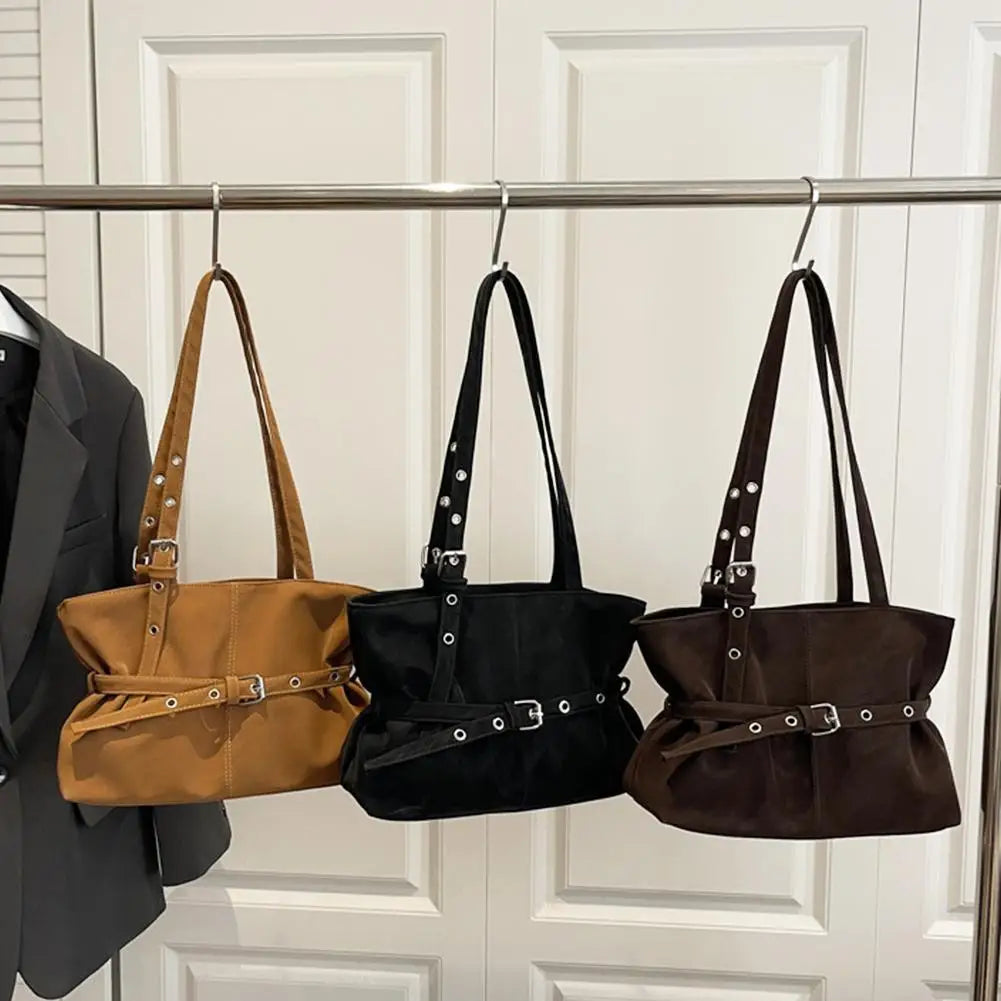 Women's Retro Suede Tote Bag – Large-Capacity Shoulder Handbag with Buckle Closure