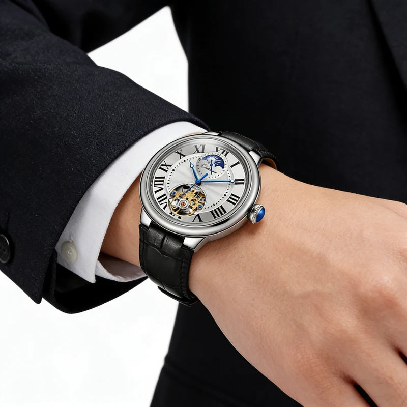 Rome Time Tourbillon Leather Mens Watches Top Brand Luxury Moon Phase Automatic Mechanical Watch Men Waterproof Montre Homme