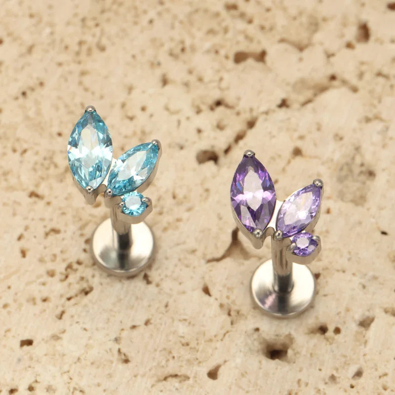 Titanium Triple Marquise CZ Labret Piercing – Internal Thread Lip, Tragus & Helix Jewelry