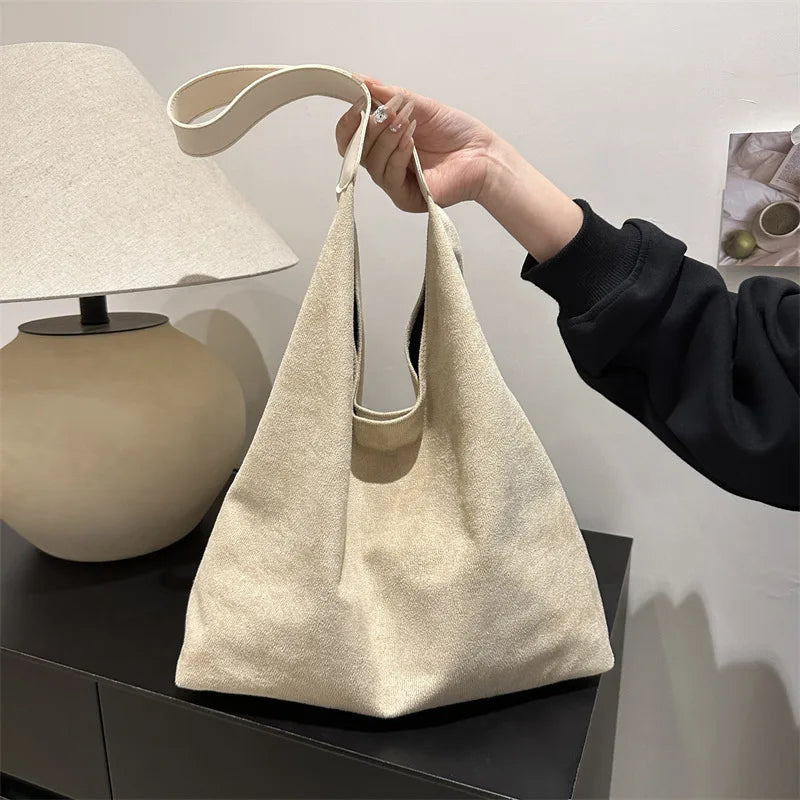 Faux Suede Women's Bag, Fashion Simple Large Capacity Korean Version Trendy Casual Shoulder Armpit Bag Pure Color Retro Tote Bag
