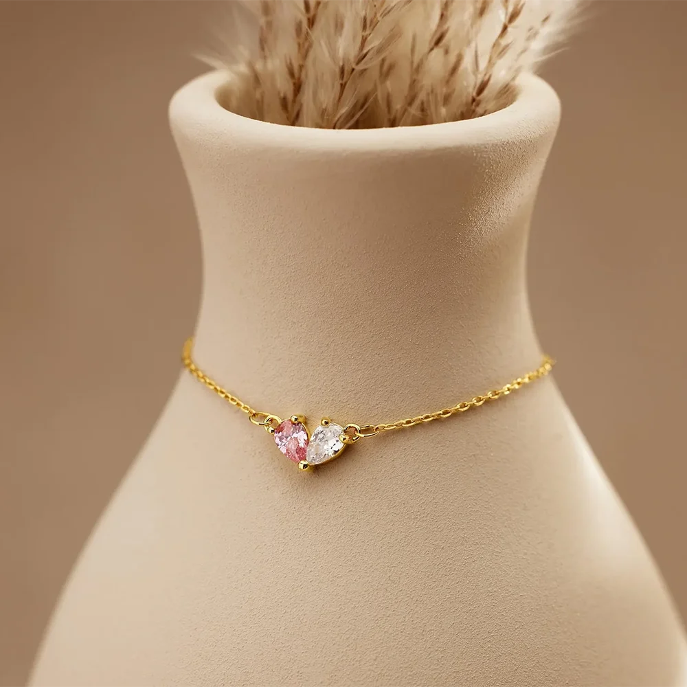 Personalized Two Birthstone Heart Bracelet – Adjustable Gold-Tone Stainless Steel Jewelry