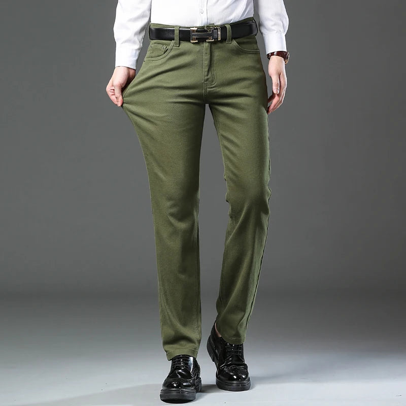 Men's Army Green Slim-Fit Stretch Jeans – 96% Cotton Straight-Leg Casual Trousers