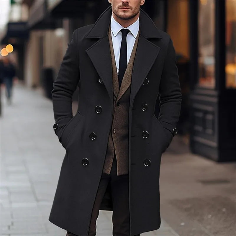 Men's Double-Breasted Wool Blend Overcoat – Long Business Casual Coat, Classic British Style