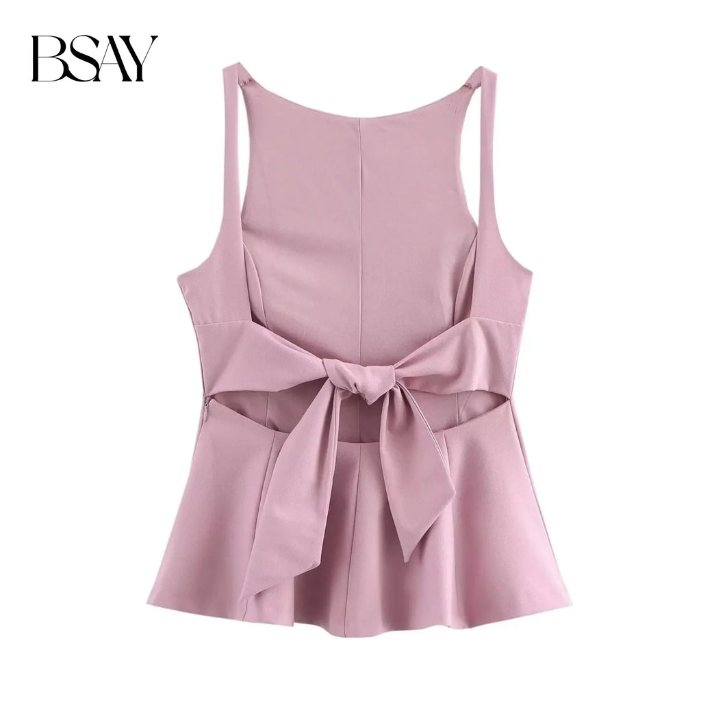 Women’s Backless Crop Top – Bow Detail Side-Zip Sleeveless Blouse
