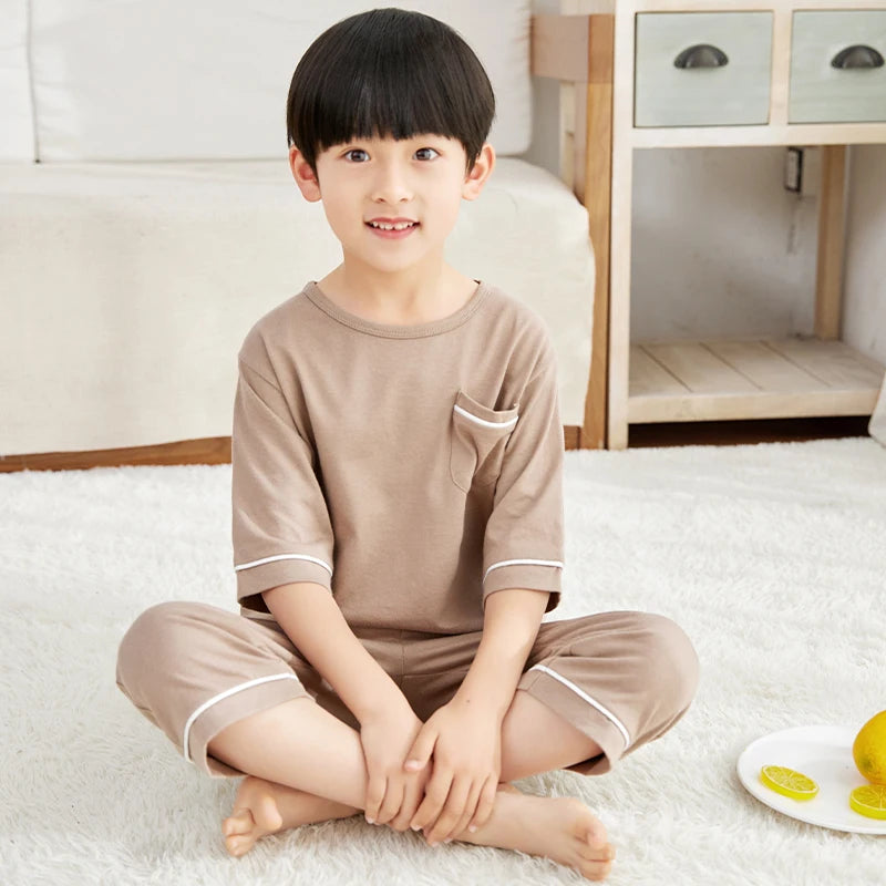 Teenage Boys Girls Pajamas Summer Short Sleeved Children's Clothing Sleepwear Cotton Pyjamas Sets For Kids 8 10 12 14 16 Years