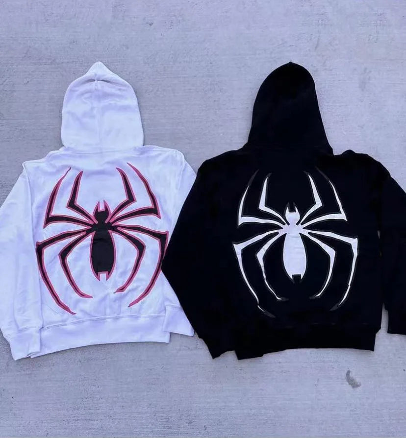 Unisex Spider Graphic Zip-Up Hoodie – Oversized Gothic Y2K Streetwear Jacket