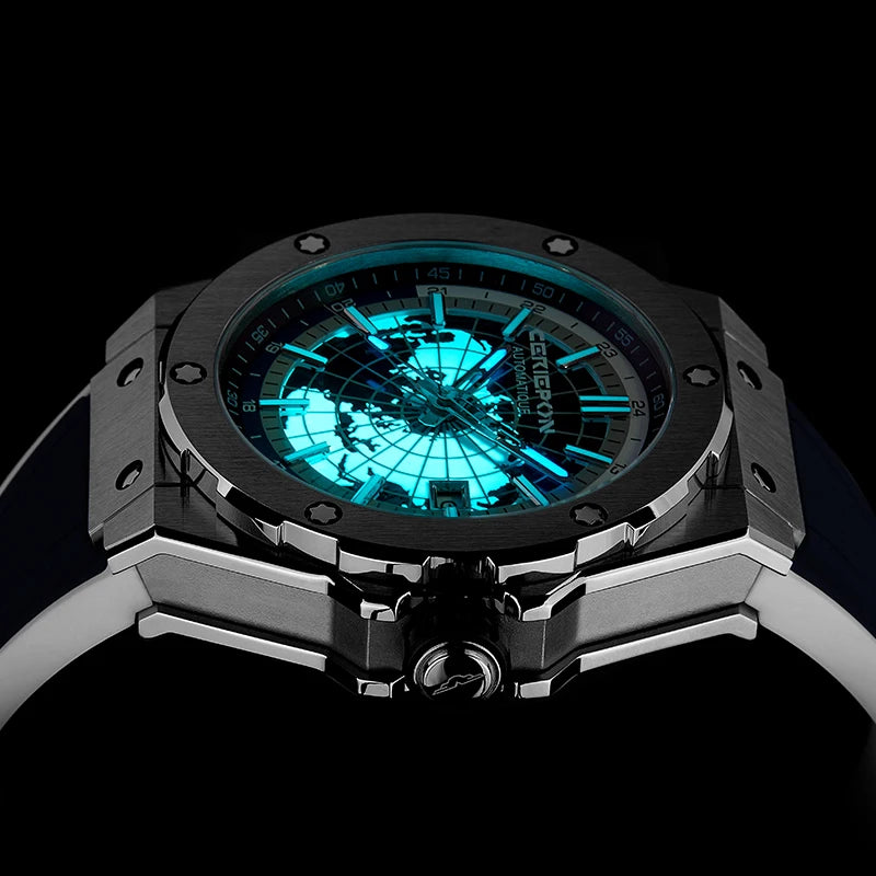Mechanical Watch for Men Fashion Military Sport Analog Automatic Wristwatch with Silicone Strap Stainless Steel Waterproof Reloj