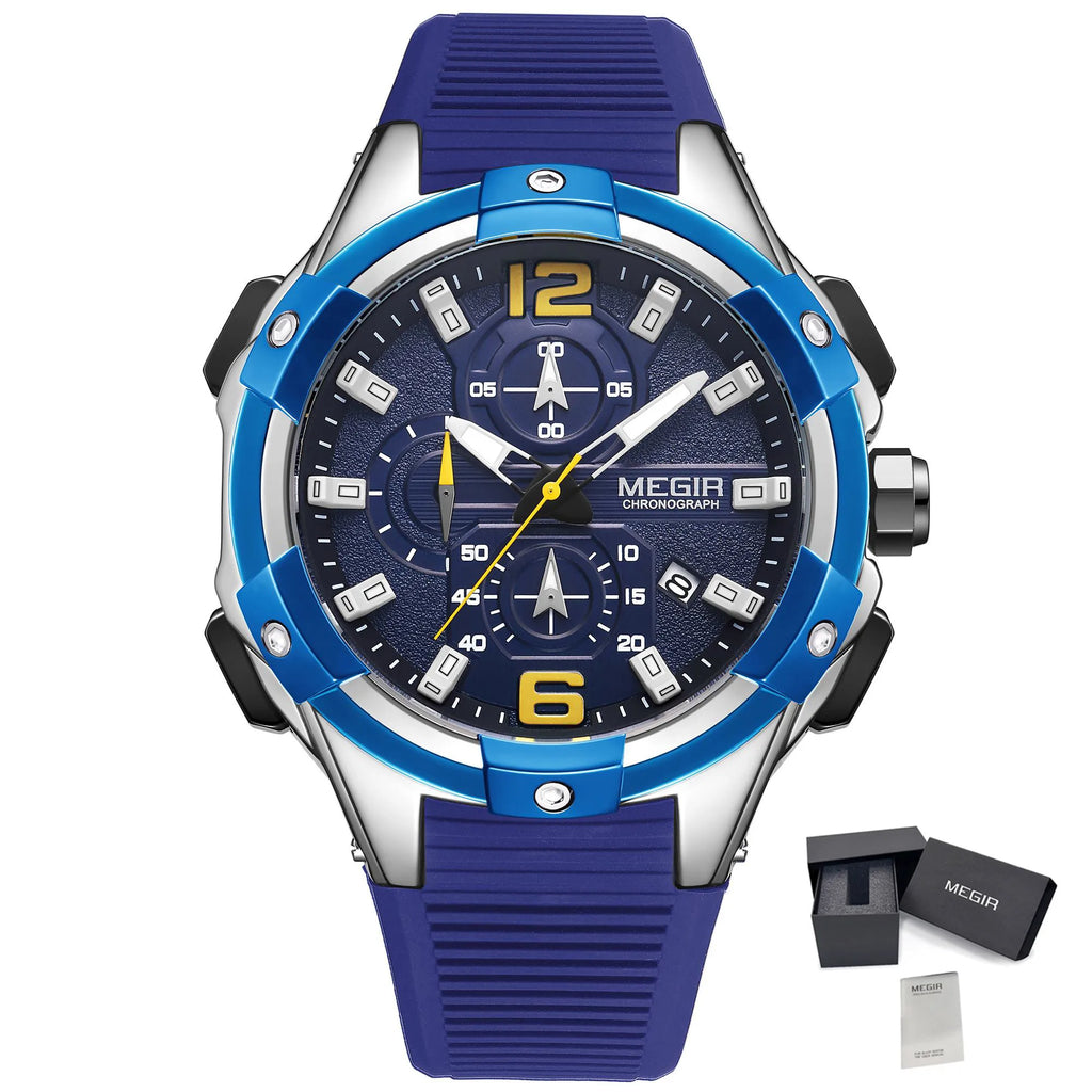 MEGIR 47MM Dial Sport Watches for Men Fashion Quartz Wristwatch Waterproof Silicone Strap Male Chronograph Clock Montre Homme