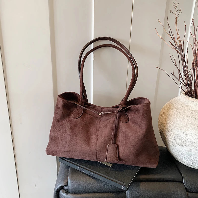 Women's Retro Suede Tote Bag – Large-Capacity Shoulder Handbag for Fall and Winter