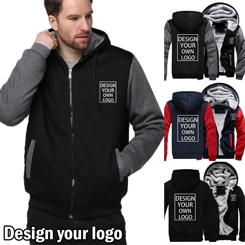 Men's Custom Logo Fleece-Lined Zip-Up Hoodie – Thick Warm Hooded Winter Jacket