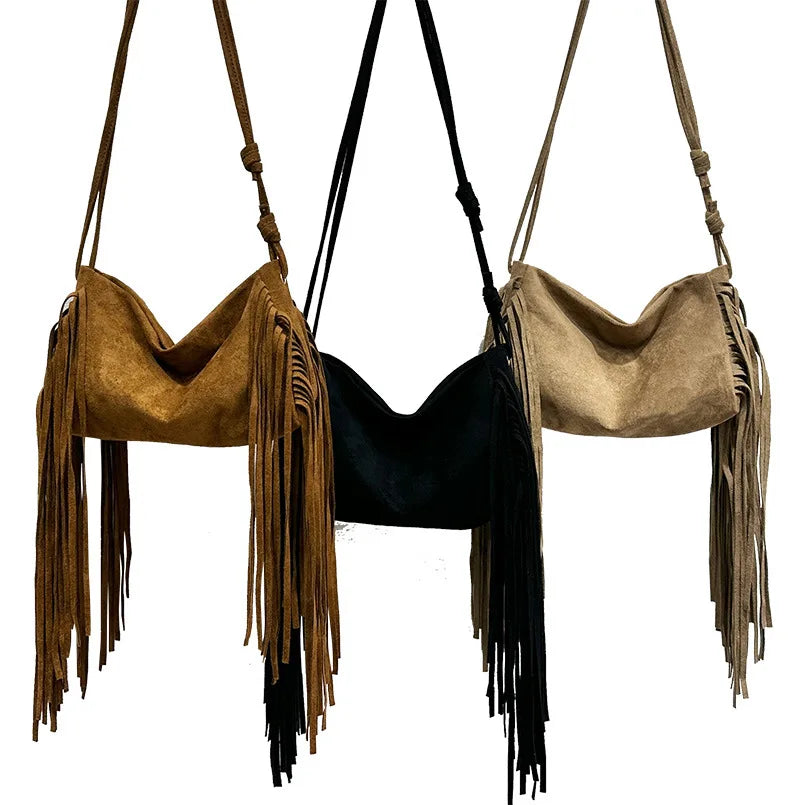 Women's Faux Suede Crossbody Bag – Vintage Tassel Shoulder Tote Bag with Large Capacity