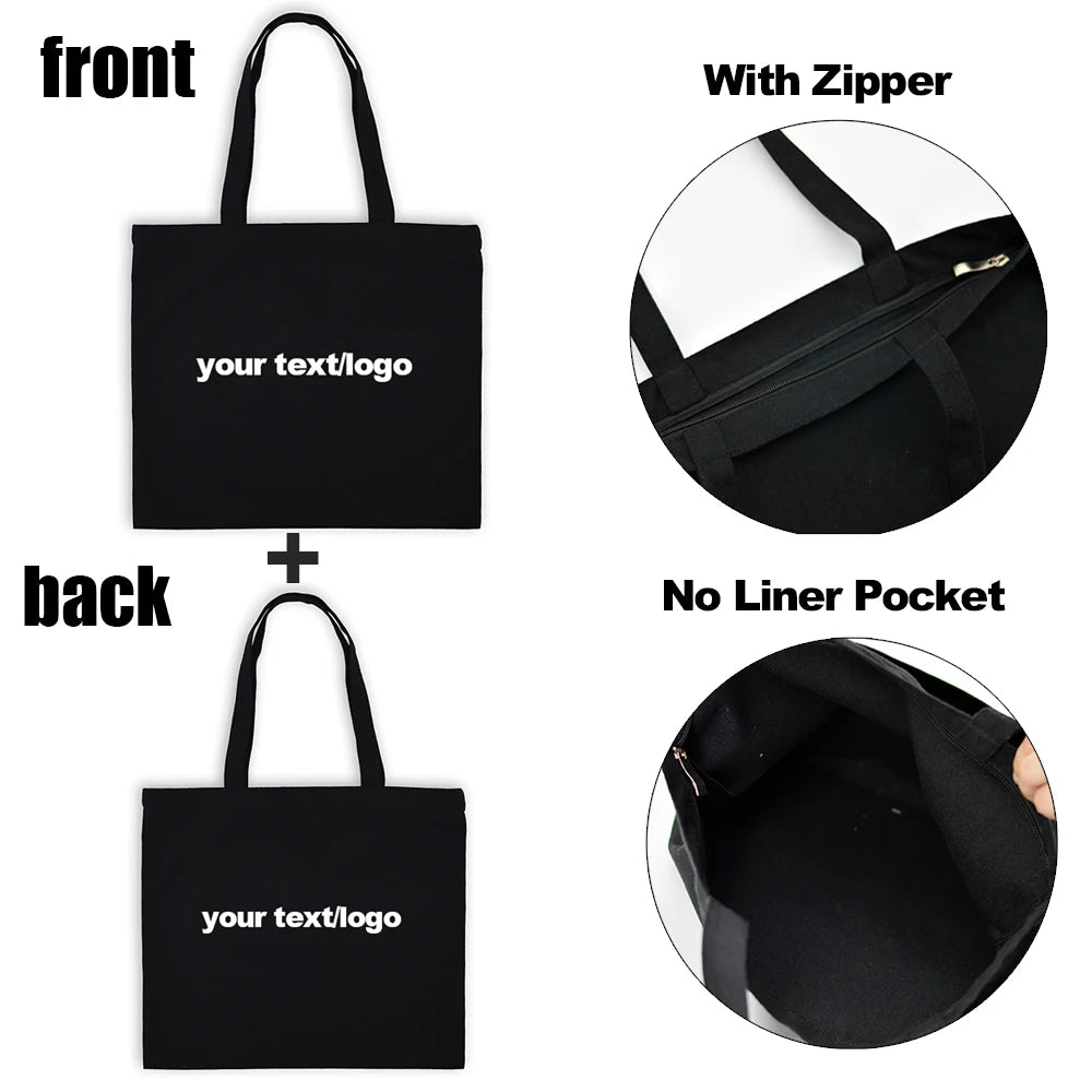 Fashion Custom Bags with Zippered Shopping Tote Bag for Women Eco Reusable Canvas Bags Black White Beige