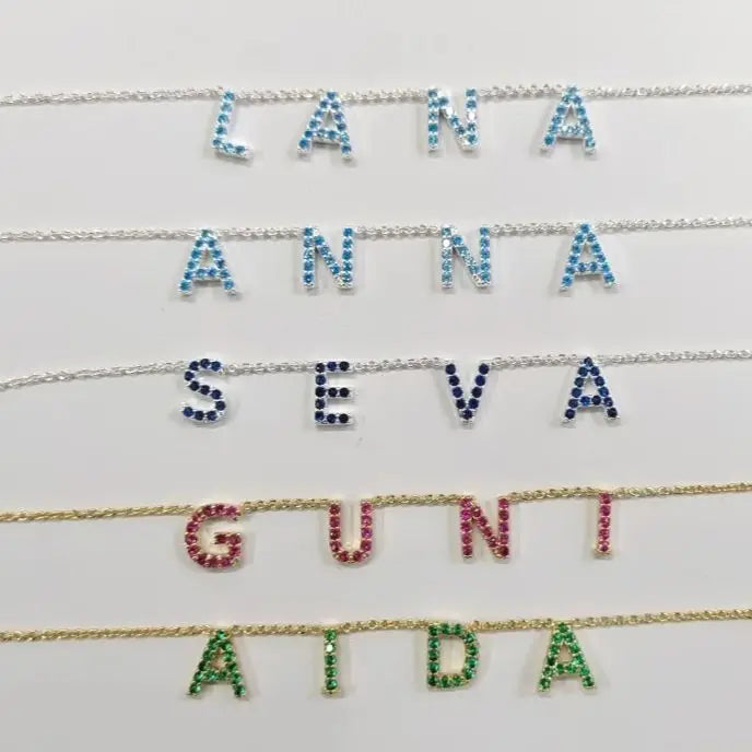 Personalized Name Necklace with Crystal Letter & Birthstone Charms