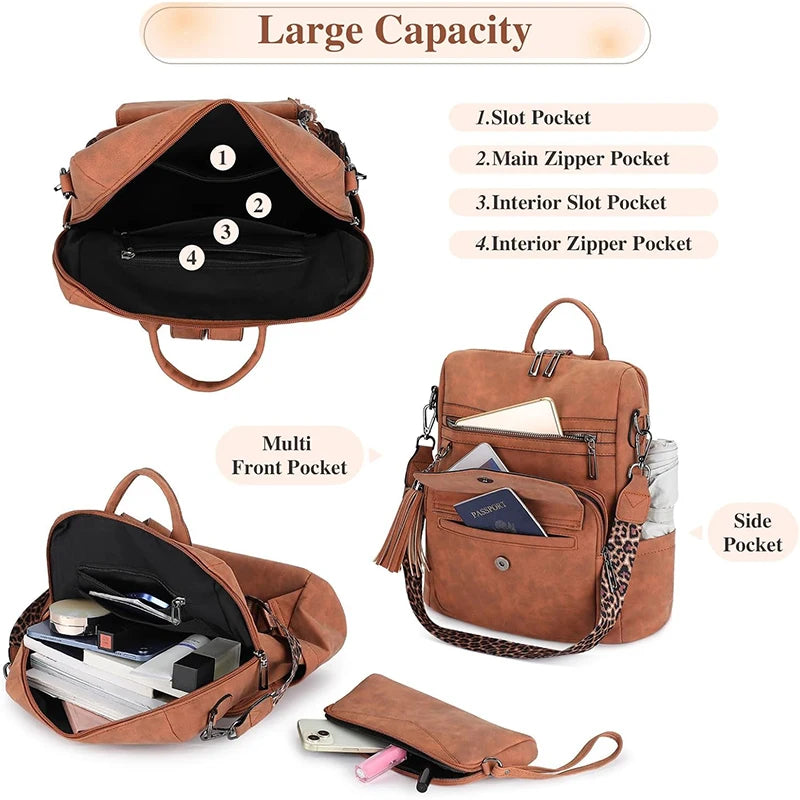 Women's Leather Convertible Backpack Purse – Multi-Pocket Shoulder and Travel Bag
