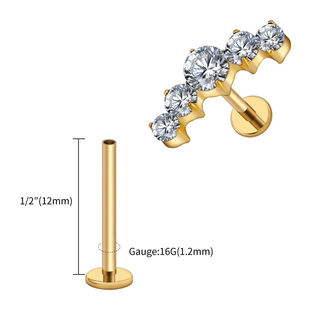 16G Titanium CZ Cluster Labret Stud – Curved Bar Flat Back Cartilage Earring