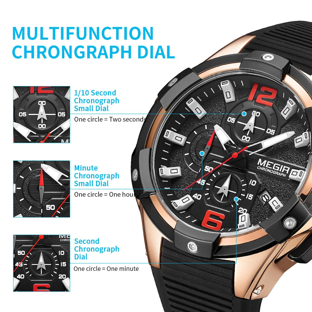 MEGIR 47MM Dial Sport Watches for Men Fashion Quartz Wristwatch Waterproof Silicone Strap Male Chronograph Clock Montre Homme