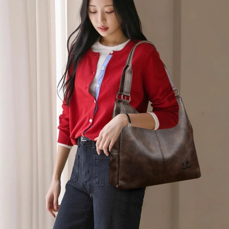Women's Soft Leather Tote Bag – Luxury Three-Layer Shoulder Handbag