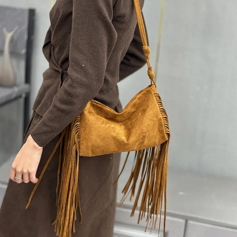 Women's Faux Suede Crossbody Bag – Vintage Tassel Shoulder Tote Bag with Large Capacity