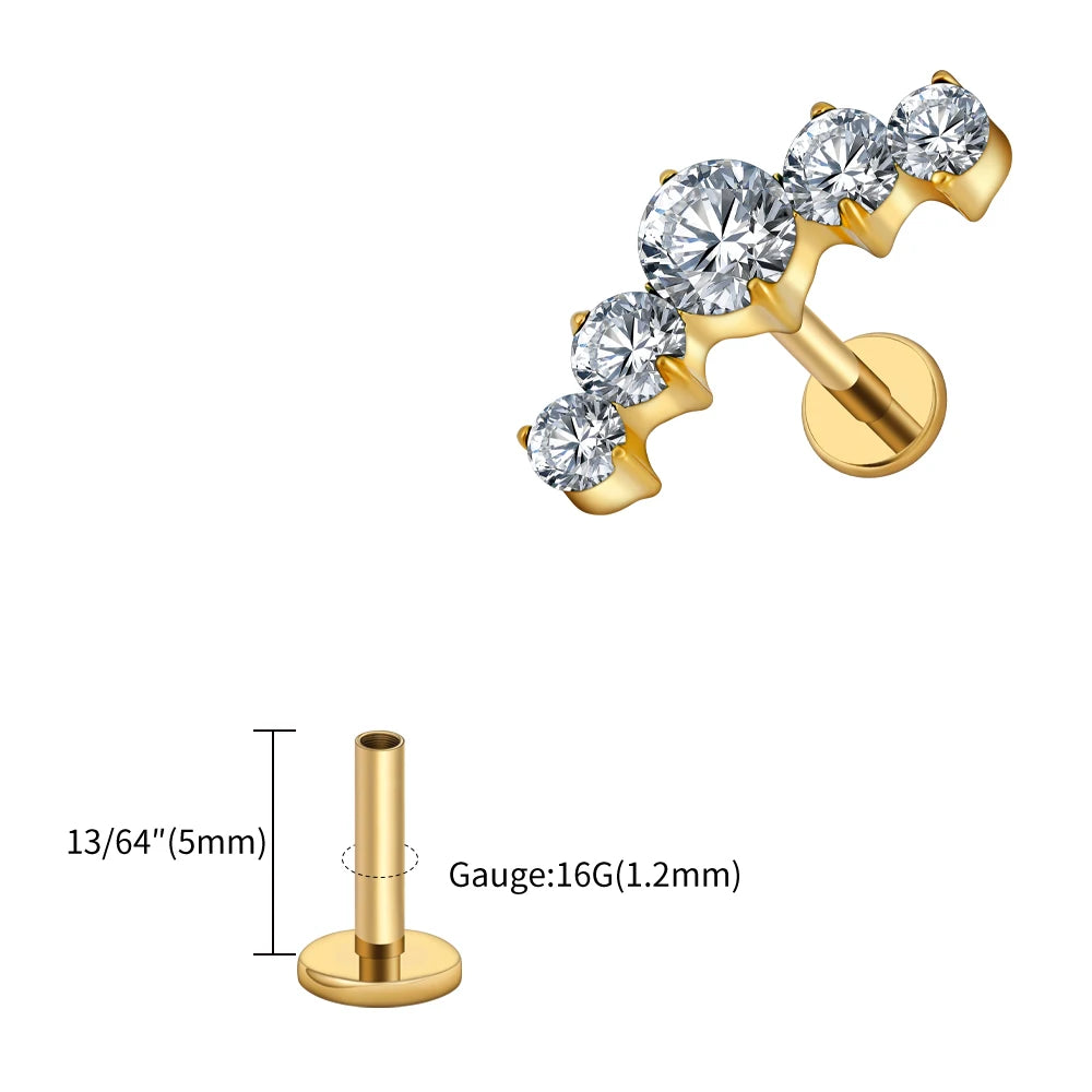 16G Titanium CZ Cluster Labret Stud – Curved Bar Flat Back Cartilage Earring