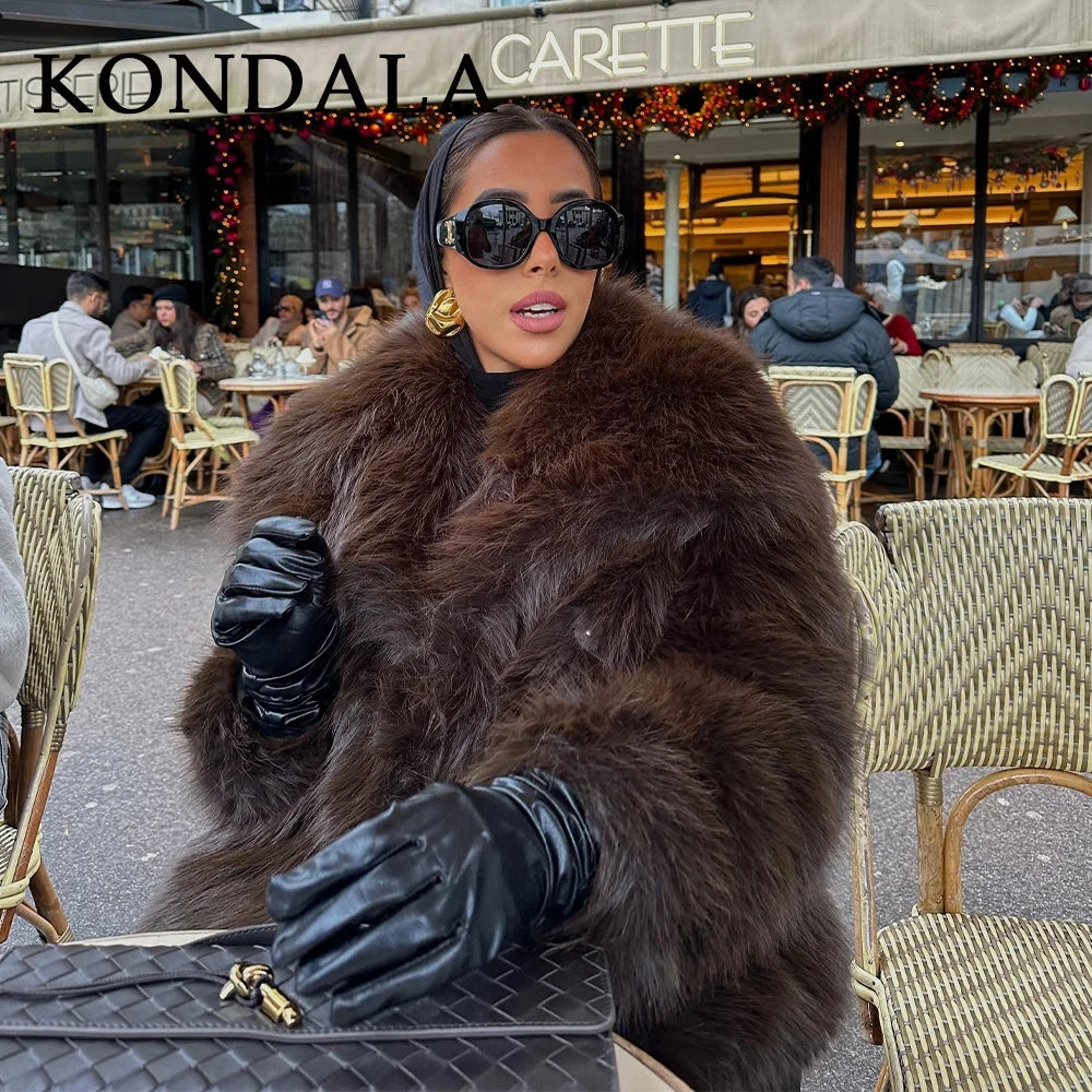 KONDALA  Spring Summer Casual Faux Fur Brown Women Warm Jackets Valentine‘s Day Turn Down Collar Oversized Elegant Coats