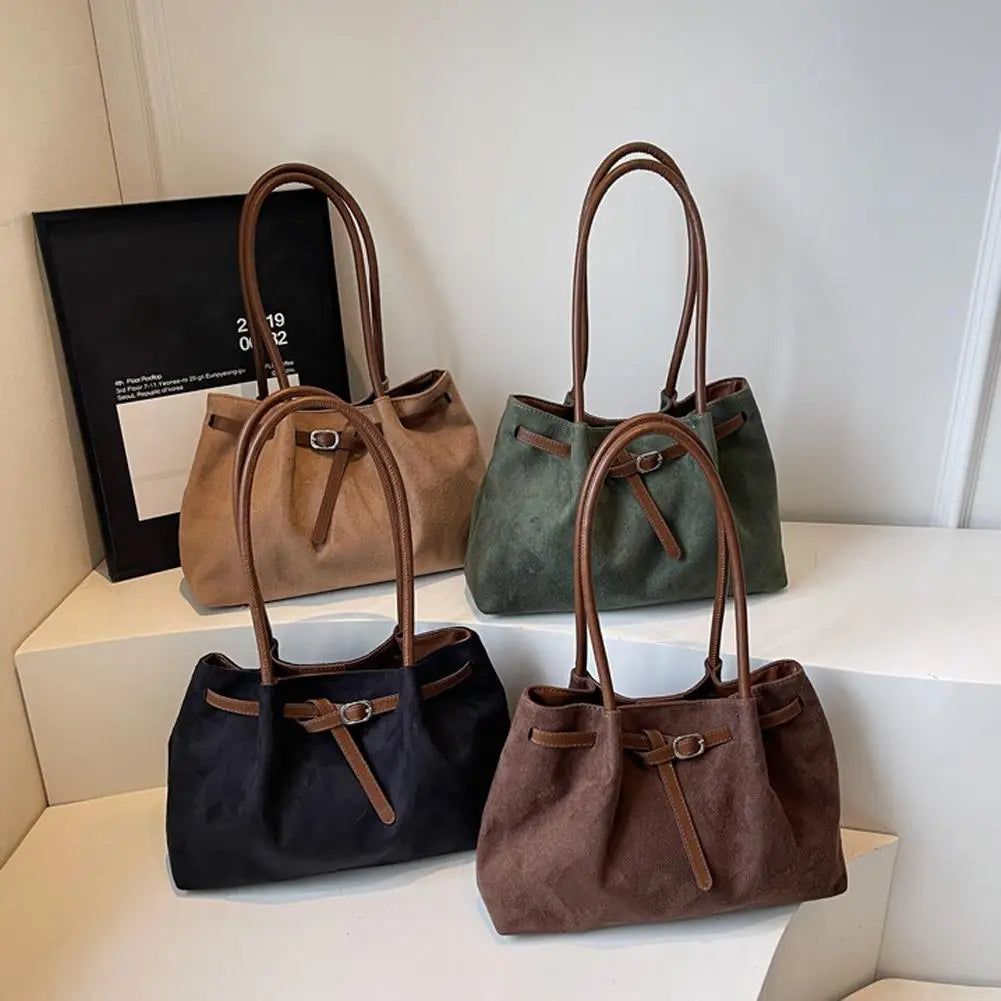 Women's Vintage Suede Tote Bag – Large-Capacity Slouchy Shoulder Handbag with Buckle Strap