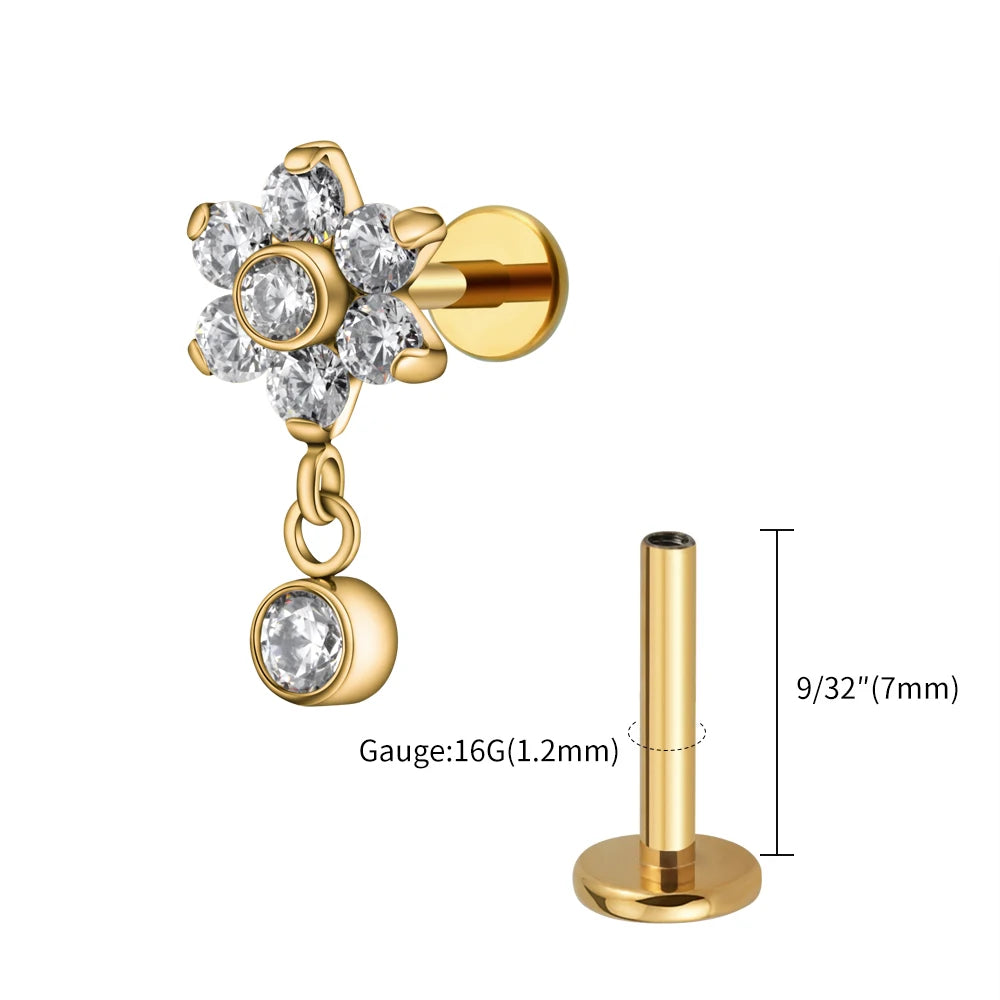 16G Titanium Flower CZ Drop Labret – Dangle Flat Back Piercing Earring