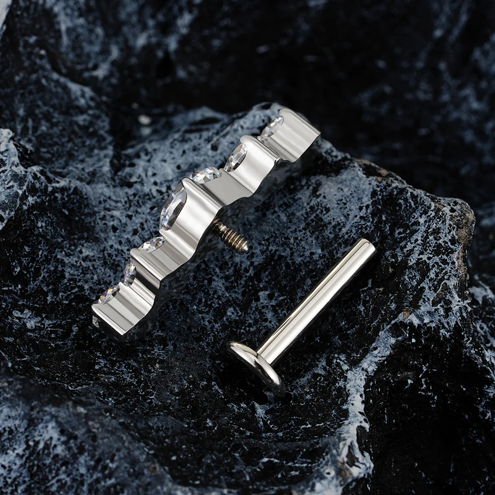 16G Titanium CZ Cluster Labret Stud – Curved Bar Flat Back Cartilage Earring