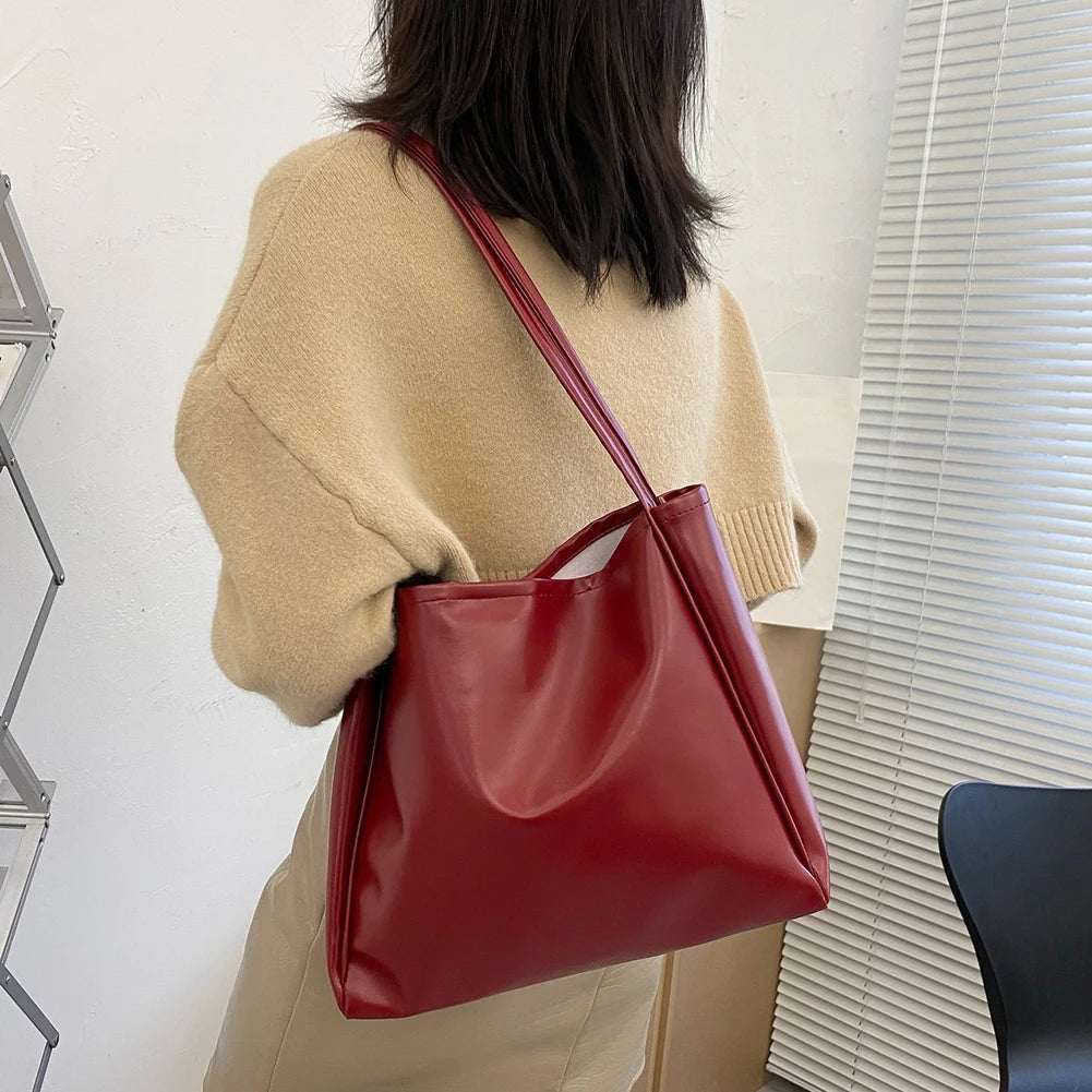 Fashion Tote Bag Female Simple Tote Bag Handbag Temperament Large Capacity PU Shoulder Commuting Bag For Shopping Travel