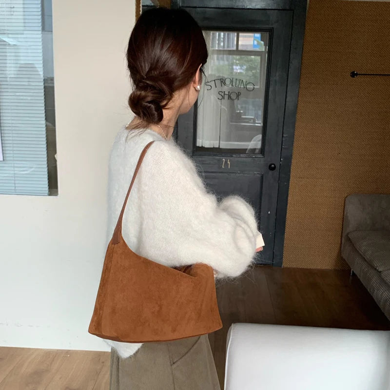 Women Handbag Vintage Tote Bag Simple Casual Commuter Bag Large Capacity Faux Suede Handbag