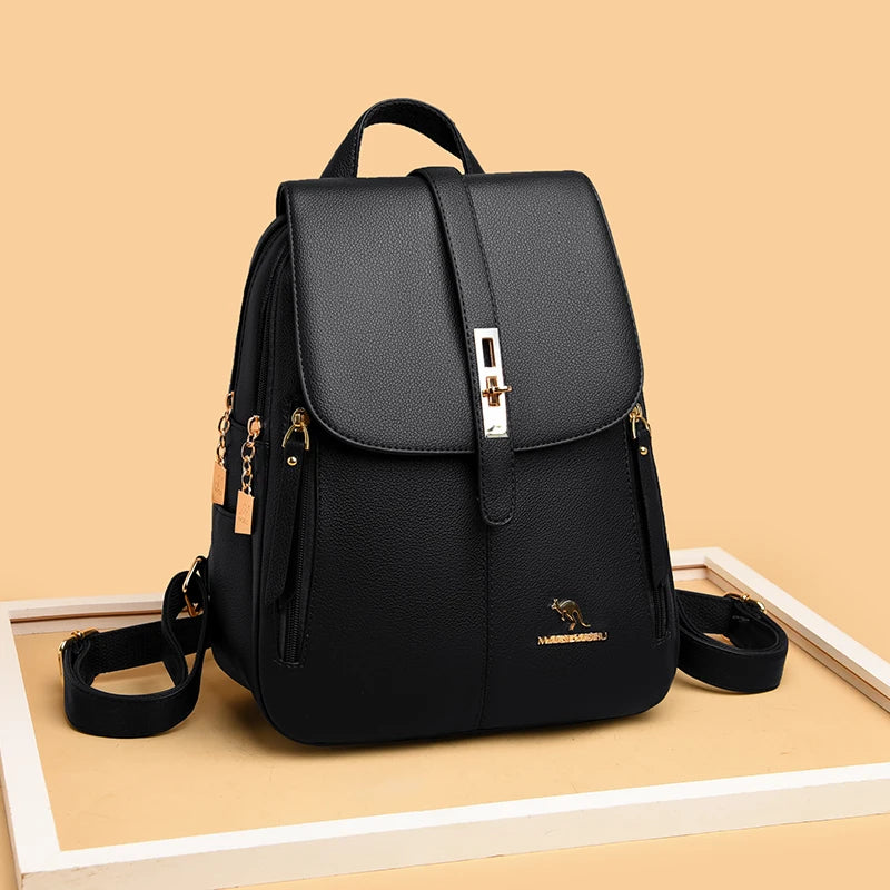 Women's Vintage Leather Backpack – Casual Black Daypack for School and Everyday Use
