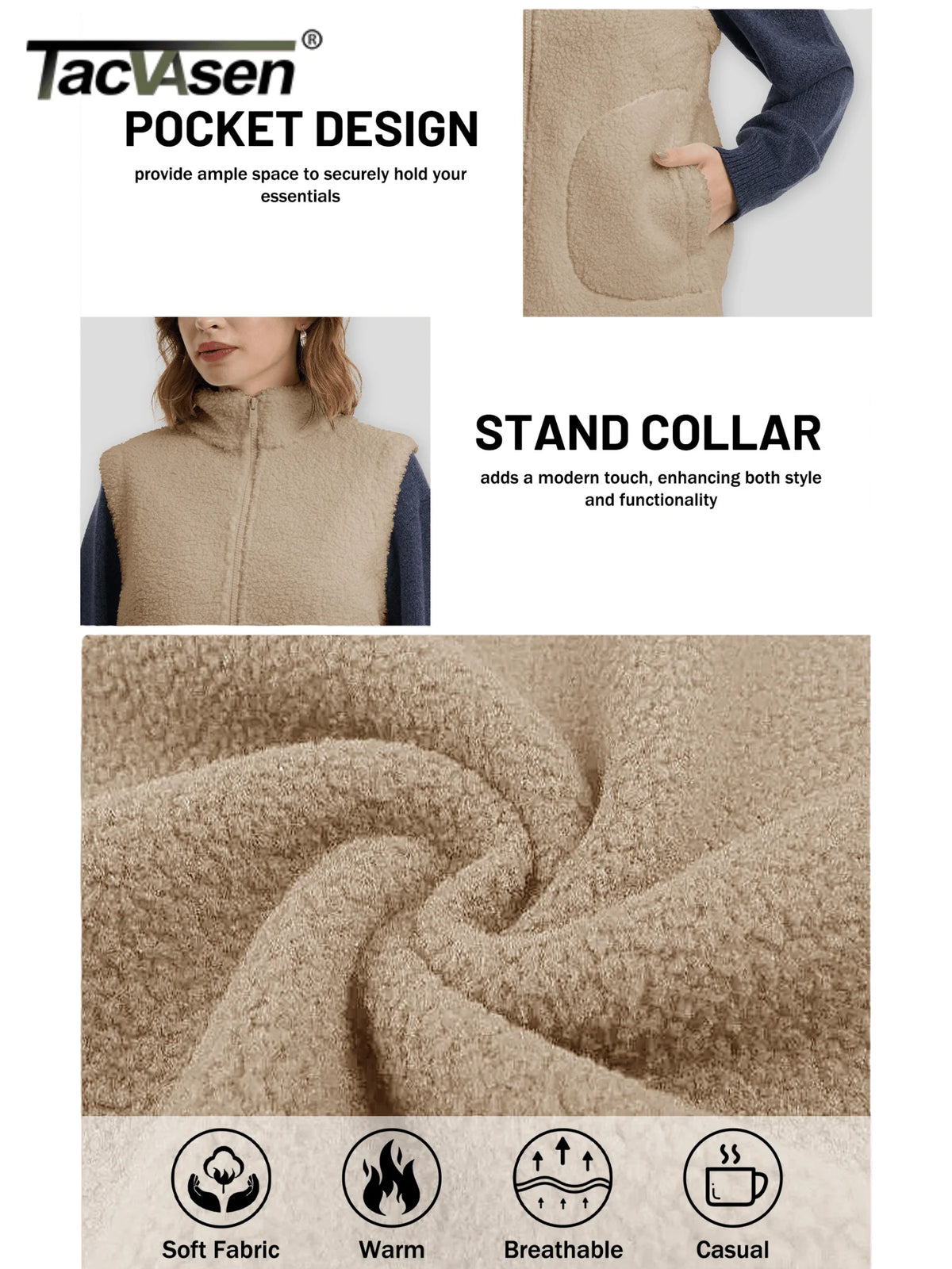 Women’s Fleece Vest – Lightweight Stand-Collar Waistcoat with 4 Pockets