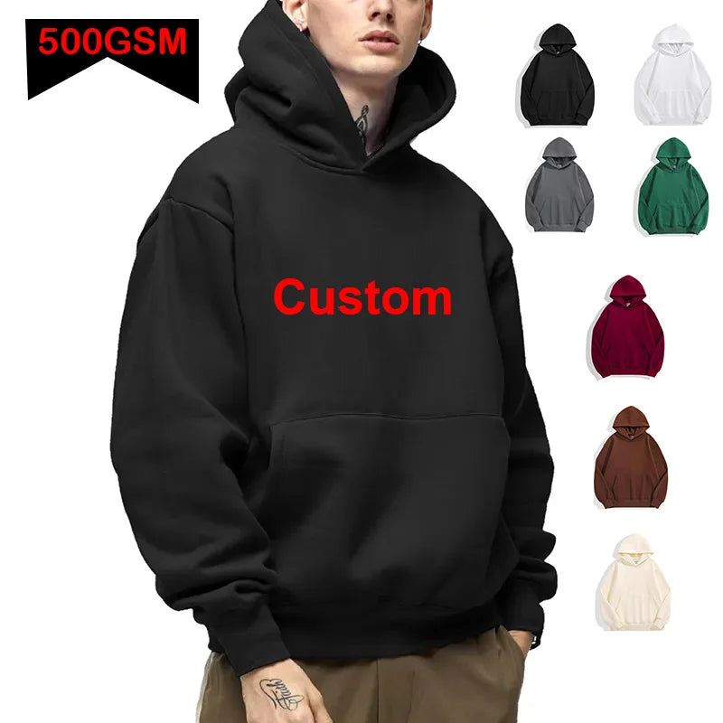 Men's 500 GSM Heavyweight Hoodie – Thick Cotton Pullover Sweatshirt with Custom Logo