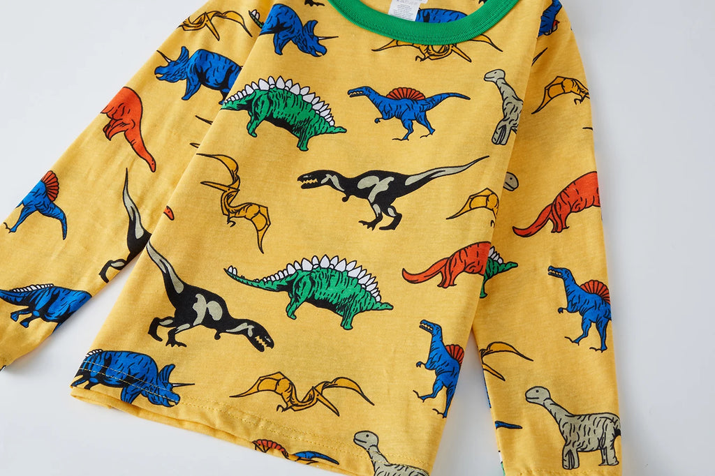 Children's Clothing, 100% Cotton Yellow Full Printed Dinosaur for Comfort Pajamas Set and Sleepwear Set, Boy's 2Ps Home Suit Sui