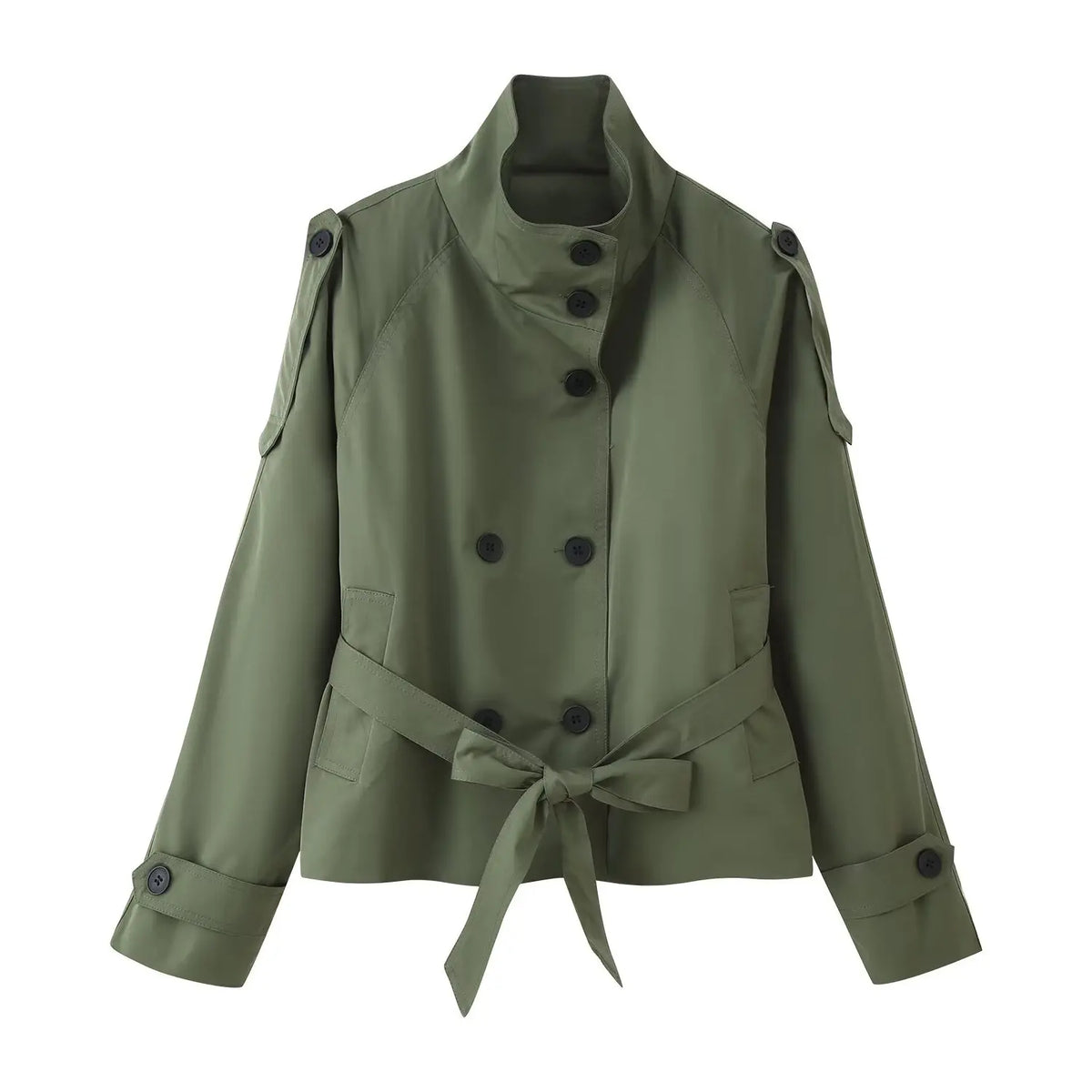 HH Women New Fashion Solid Pockets Double-breasted Lace-up Trench Coat Long Sleeve Women Autumn Casual Street Short Coat