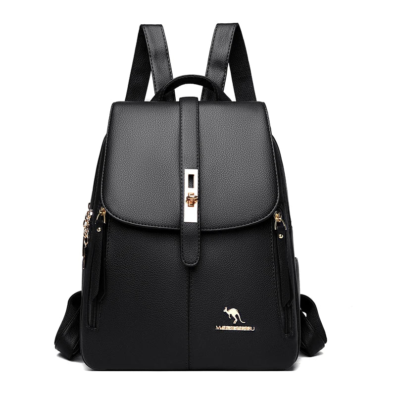 Women's Vintage Leather Backpack – Casual Black Daypack for School and Everyday Use