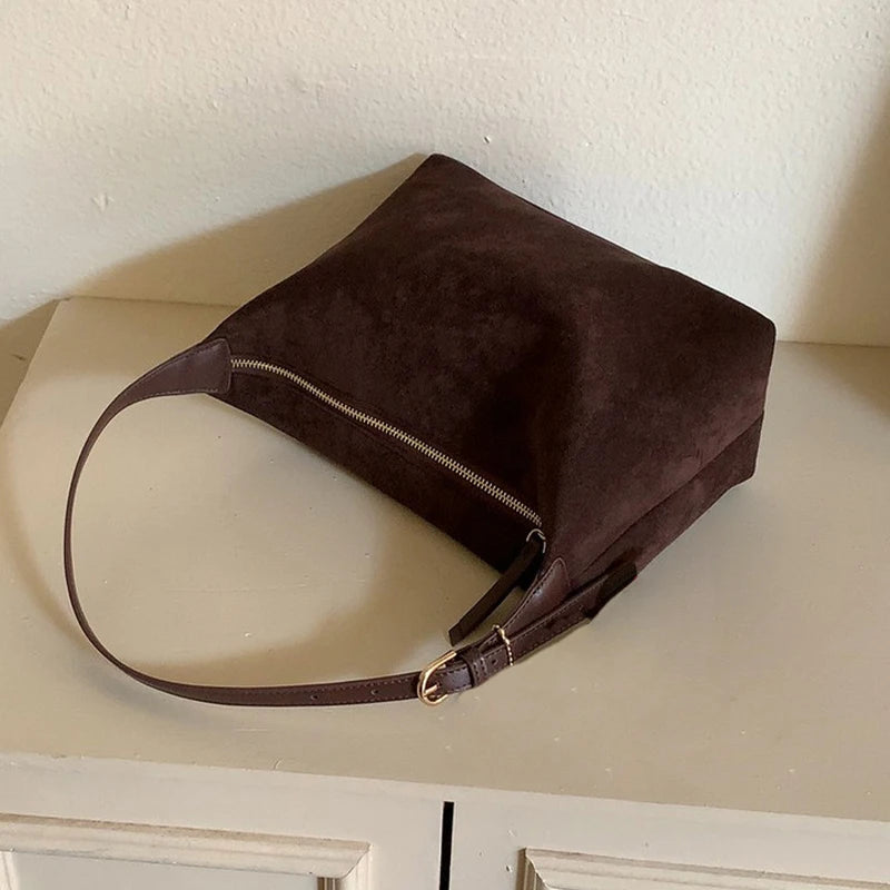 Women Handbag Vintage Tote Bag Simple Casual Commuter Bag Large Capacity Faux Suede Handbag