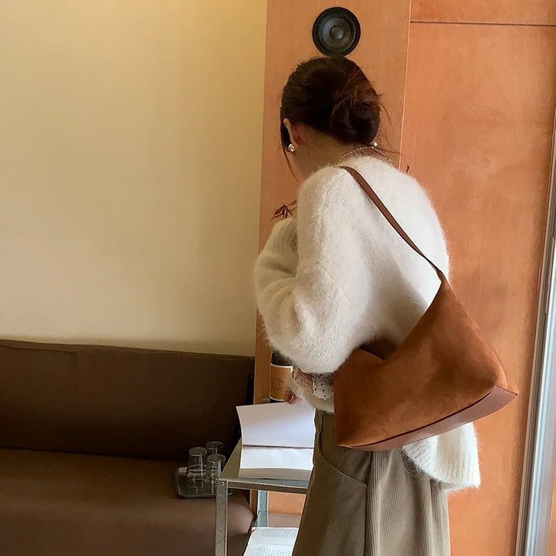 Women Handbag Vintage Tote Bag Simple Casual Commuter Bag Large Capacity Faux Suede Handbag