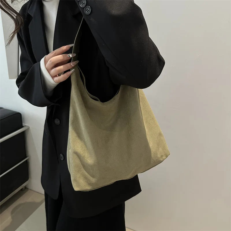 Faux Suede Women's Bag, Fashion Simple Large Capacity Korean Version Trendy Casual Shoulder Armpit Bag Pure Color Retro Tote Bag