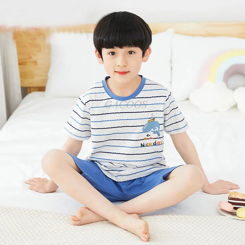 Teenage Boys Girls Pajamas Summer Short Sleeved Children's Clothing Sleepwear Cotton Pyjamas Sets For Kids 8 10 12 14 16 Years