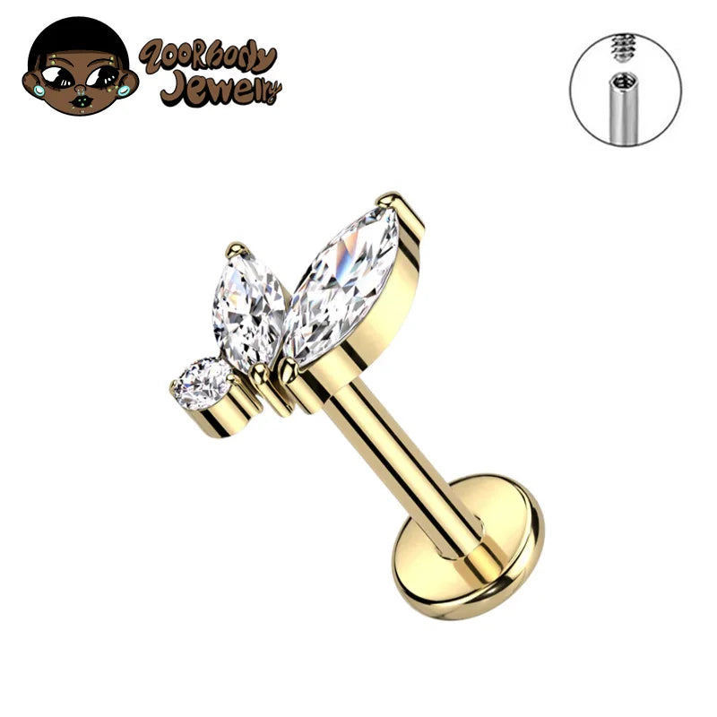 Titanium Triple Marquise CZ Labret Piercing – Internal Thread Lip, Tragus & Helix Jewelry