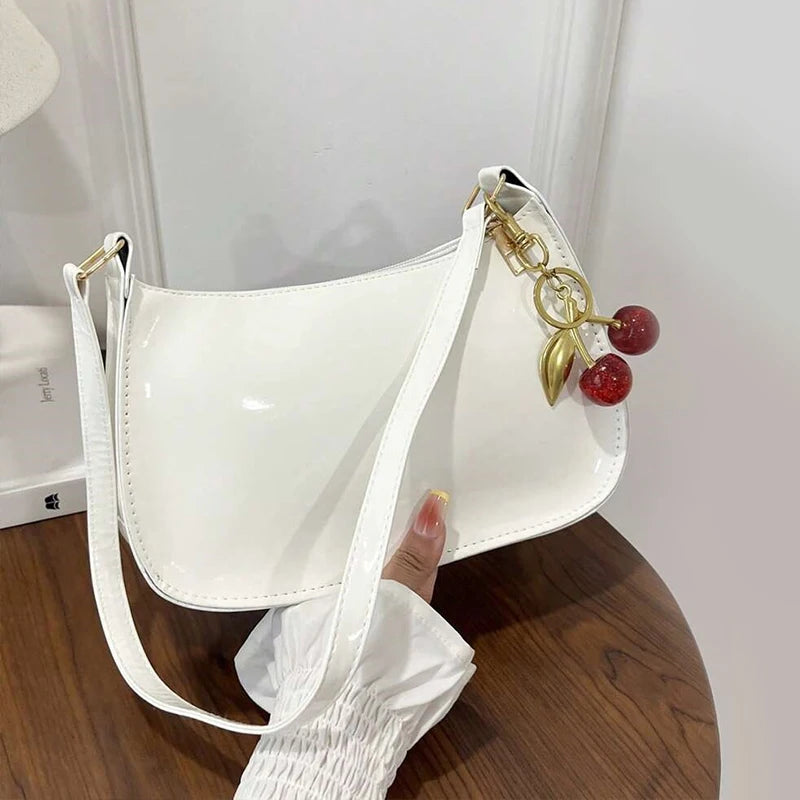 Women's PU Leather Shoulder Bag – Solid Color Handbag with Cherry Pendant
