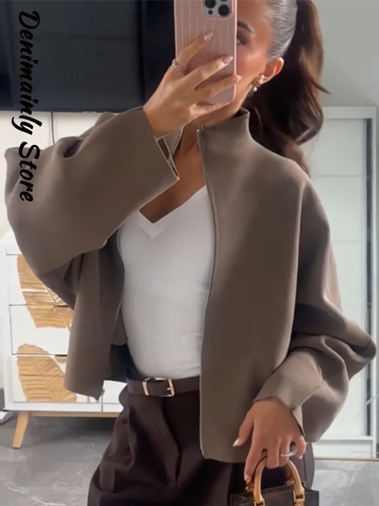 Women’s Cropped Knit Cardigan – Stand Collar Zip-Up Sweater
