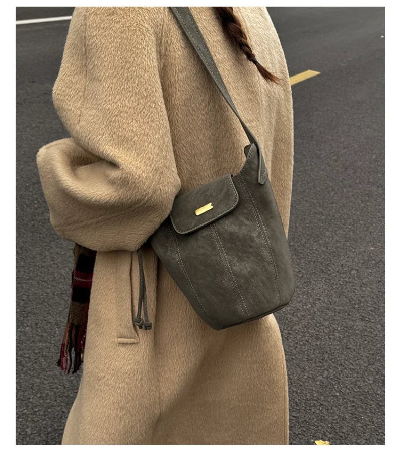 Women's Casual Style Suede & Leather Bucket Shoulder Bag, Ideal for Daily Use, School Commute, Weekend Outings & Shopping