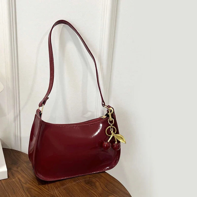 Women's PU Leather Shoulder Bag – Solid Color Handbag with Cherry Pendant