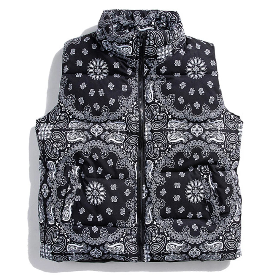 Men's Paisley Bandana Puffer Vest – Thick Warm Padded Sleeveless Jacket, Hip-Hop Streetwear