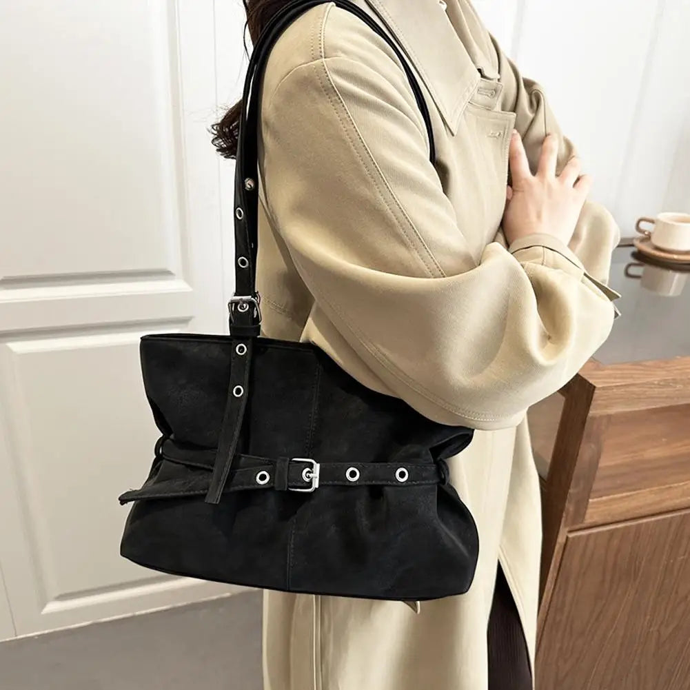 Women's Retro Suede Tote Bag – Large-Capacity Shoulder Handbag with Buckle Closure
