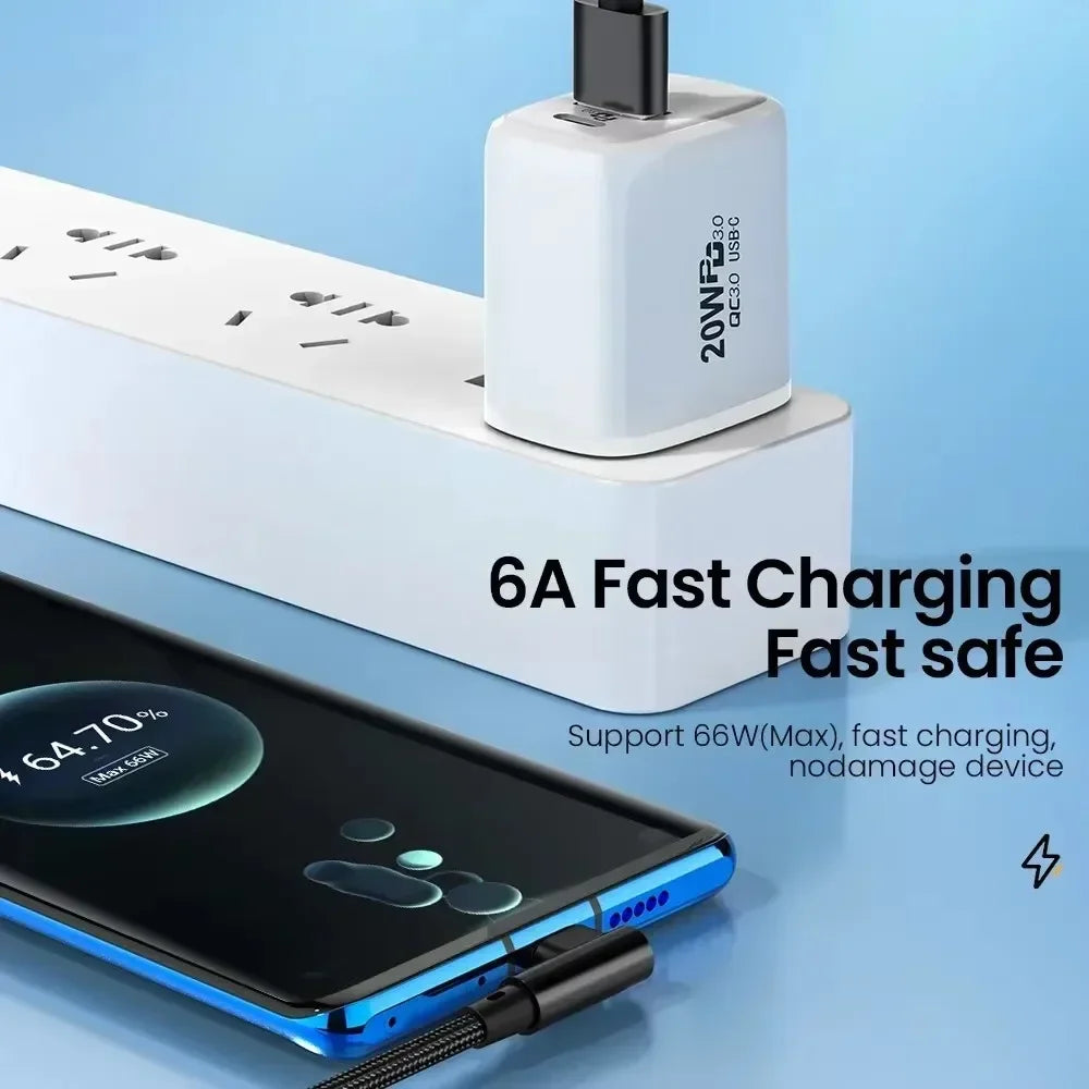 0.25M/1M/1.5M/2M/3M 66W 6A Single Elbow Fast Charge USB To Type C Data Wire Quick Charge Charging Cords Fast Charging Data Cable