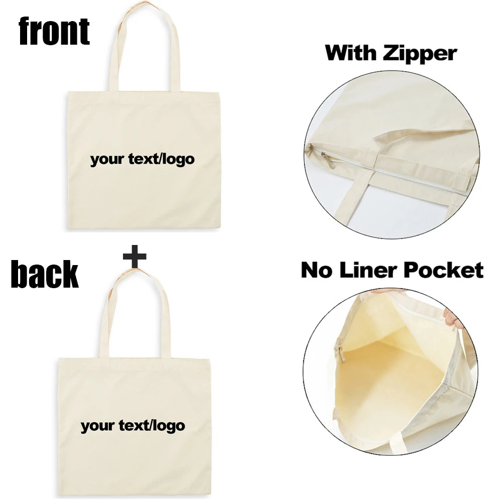 Fashion Custom Bags with Zippered Shopping Tote Bag for Women Eco Reusable Canvas Bags Black White Beige