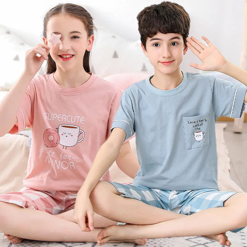 Teenage Boys Girls Pajamas Summer Short Sleeved Children's Clothing Sleepwear Cotton Pyjamas Sets For Kids 8 10 12 14 16 Years