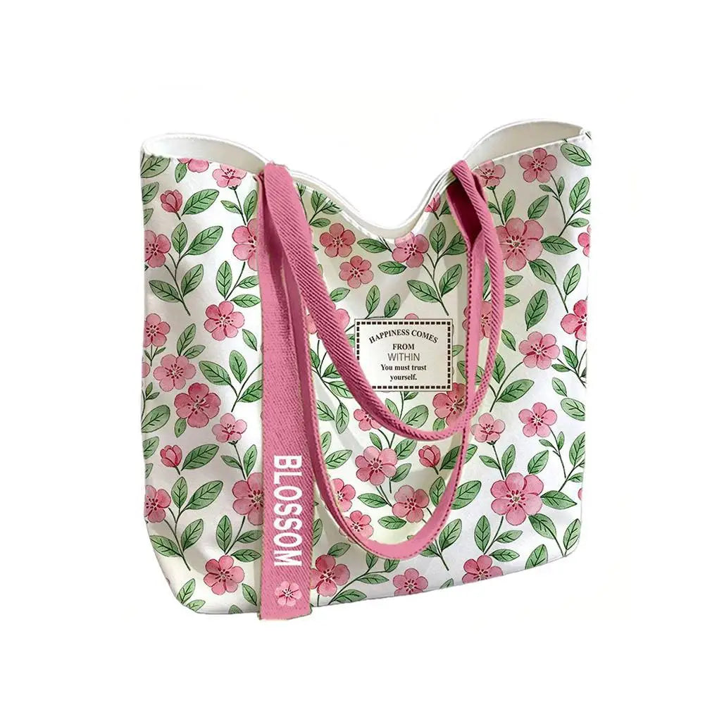 Fashion Canvas Tote Bag Open Top Large Capacity Single Shoulder Bag Floral & Lemon Print Shopping Shoulder Bag Gift